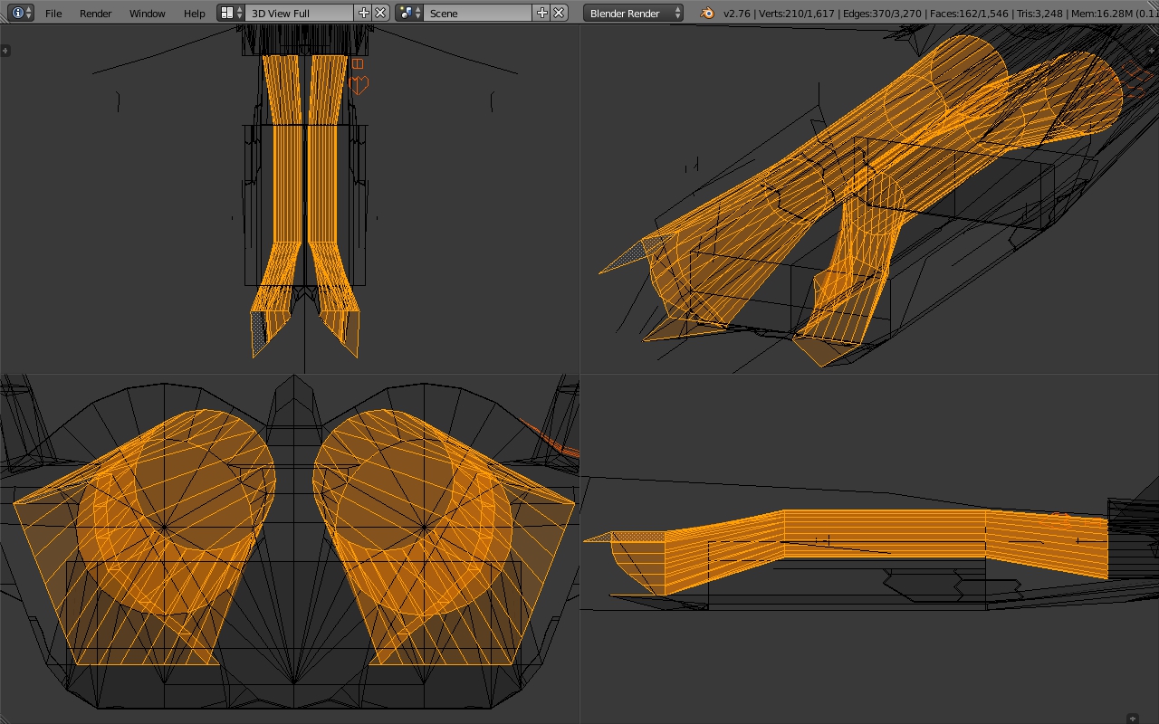 AMCA Blender, 24 aug'26, theoretical straight sections S-duct, quad view, Edit mode, wireframe...jpg