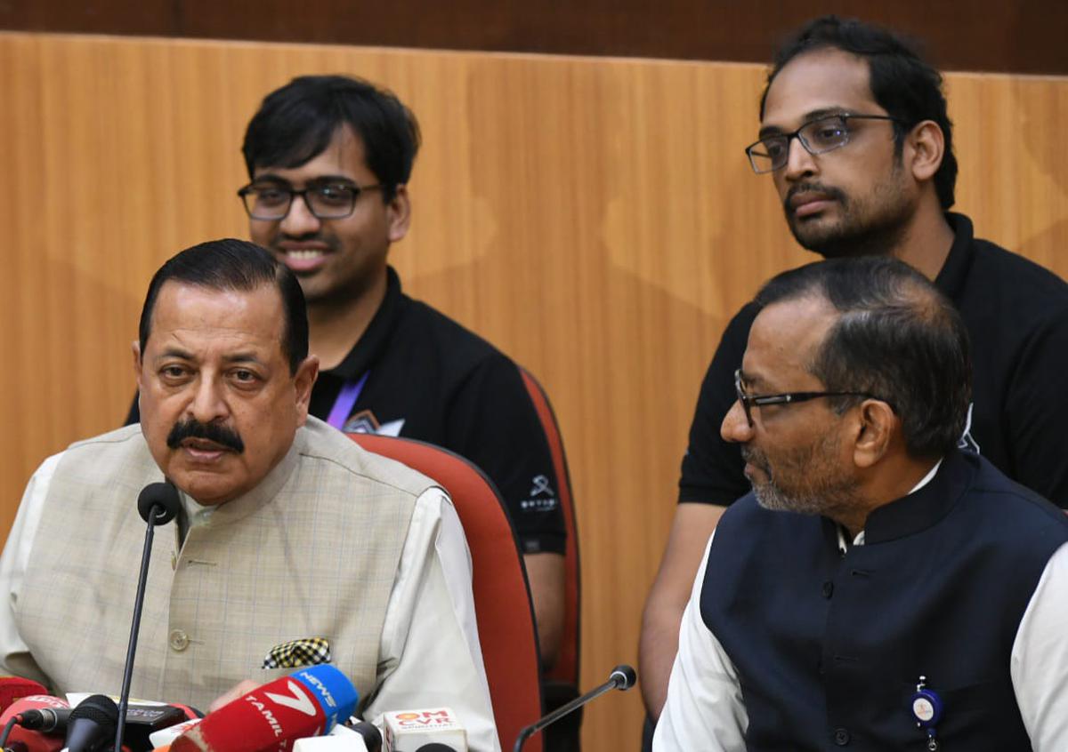 Union Minister Jitendra Singh and others addressing the media at Sriharikota on Friday.