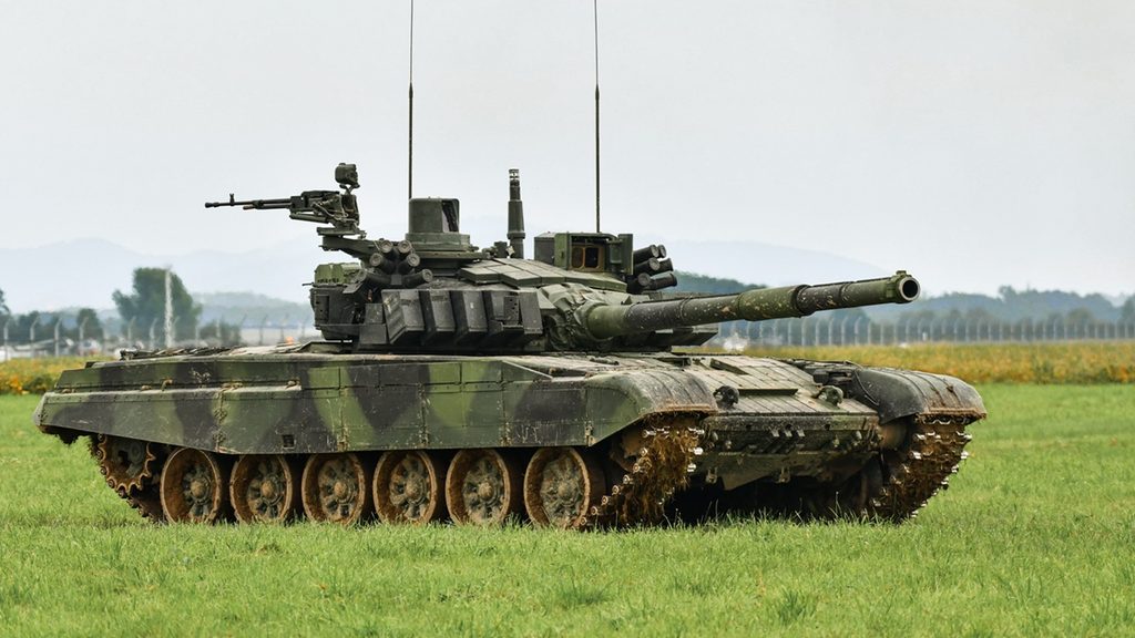 A T-72 tank drives through a field.
