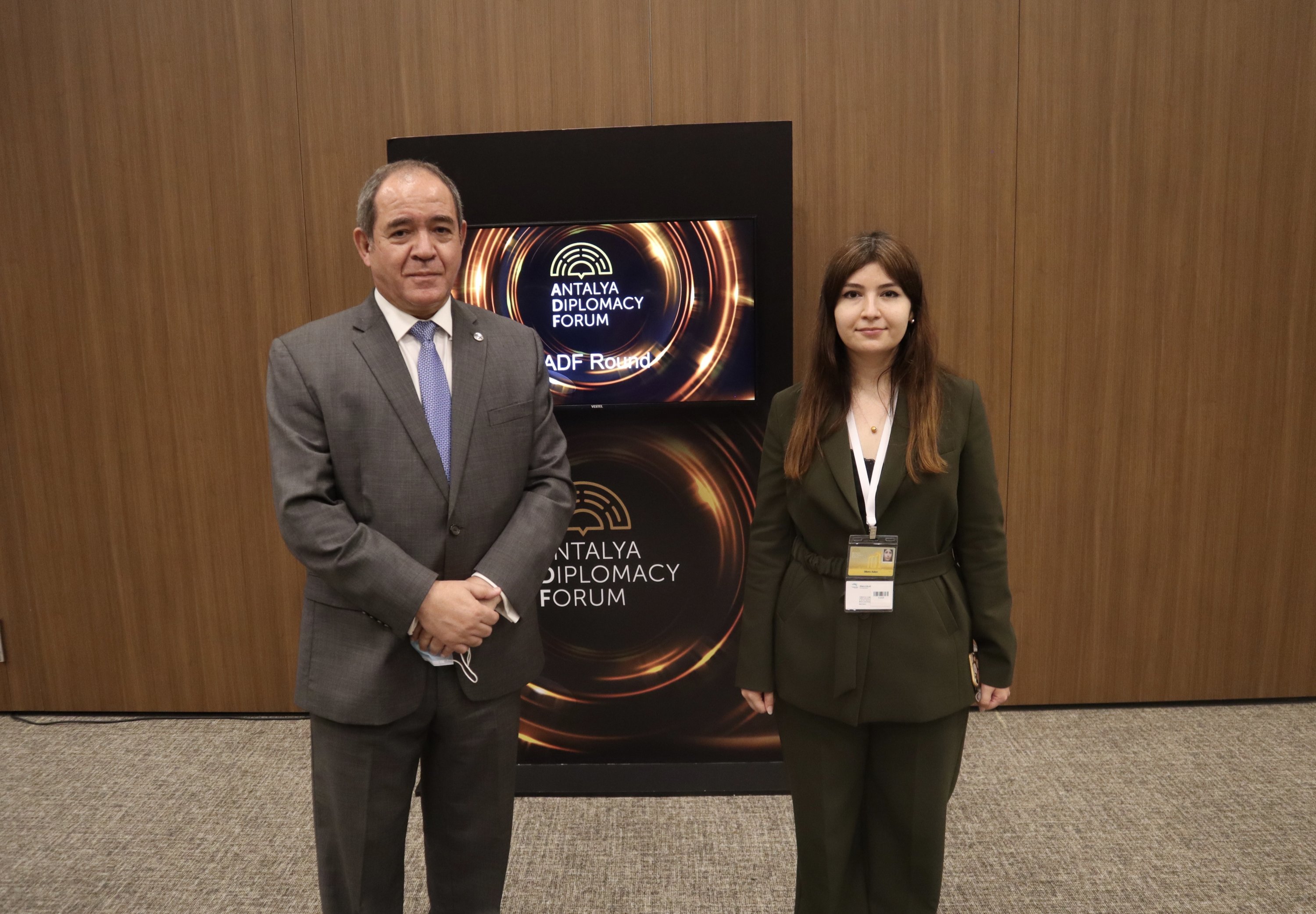 Algeria's Foreign Minister Sabri Boukadoum (L) stands with Daily Sabah's Dilara Aslan at the Antalya Diplomacy Forum, Antalya, Turkey, June 19, 2021. (Daily Sabah Photo)