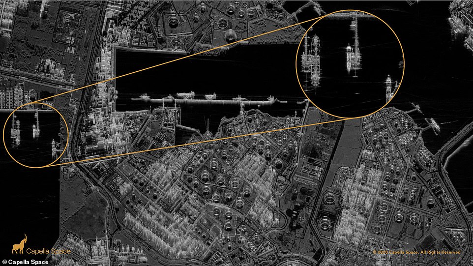 Pictured are the metallic refining units and piping brightly reflect radar signals at ExxonMobil’s Singapore Chemical plant on Jurong Island. Very high resolution zoomed in views show the granular features of an oil tanker docked near floating roof storage tanks