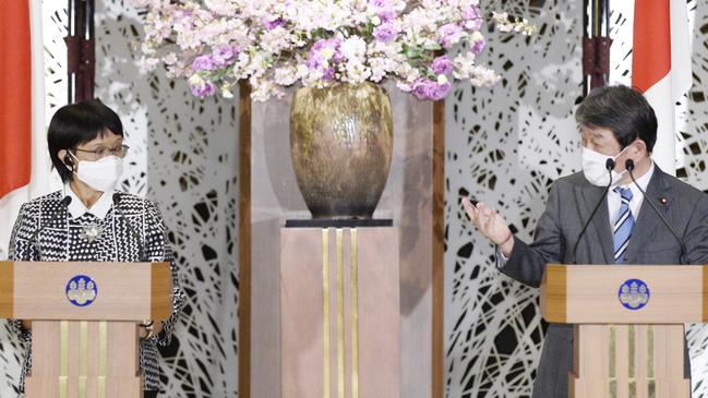 Indonesian Foreign Minister Retno Marsudi, left, and Japan’s Foreign Minister Toshimitsu Motegi in Tokyo. Picture: AFP