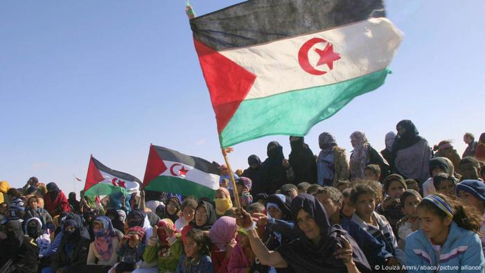 Sahrawis hold a demonstration with flags.