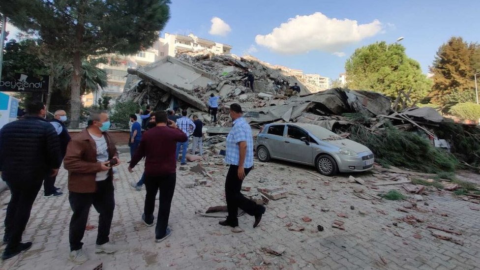 A view of a quake damaged site right after a magnitude 6.6 quake shaking Turkey's Aegean Sea coast