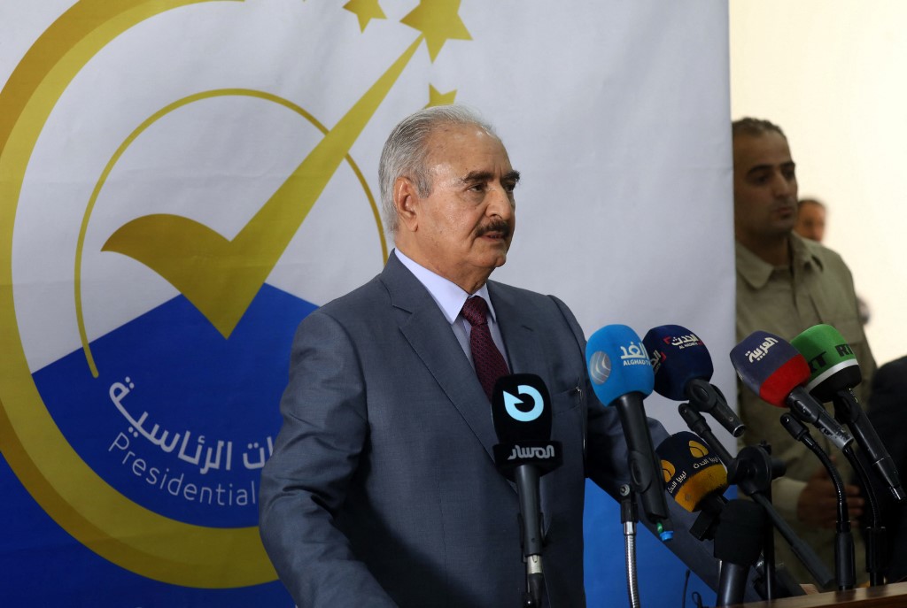 Libyan warlord Khalifa Haftar speaks in Benghazi on 16 November 2021 (AFP)