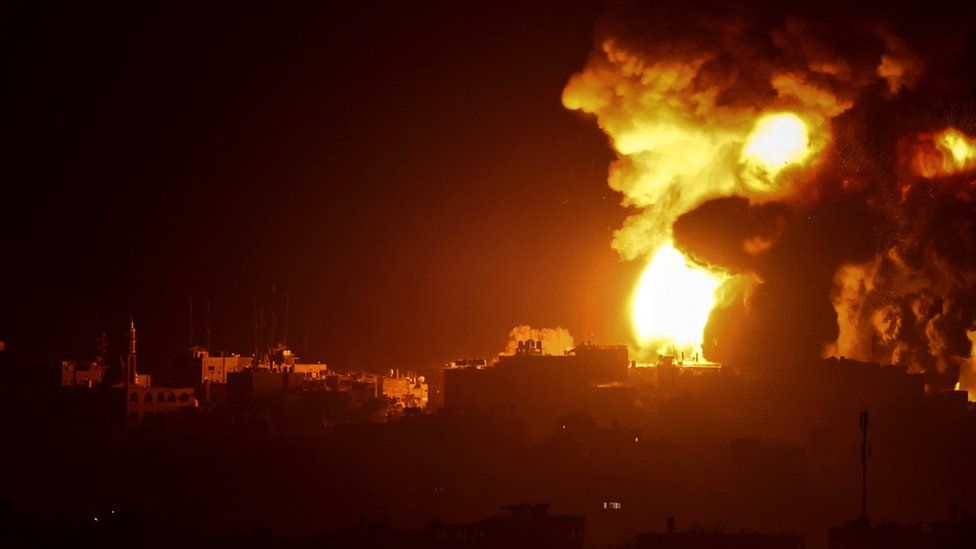 A fireball erupts in the Gaza Strip on 9 November 2023