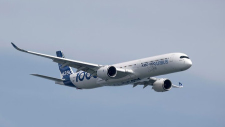 The Airbus A350-1000 seen in the aerial display during the media preview of the Singapore Airshow in Singapore, 13 February 2022. Photo: Reuters