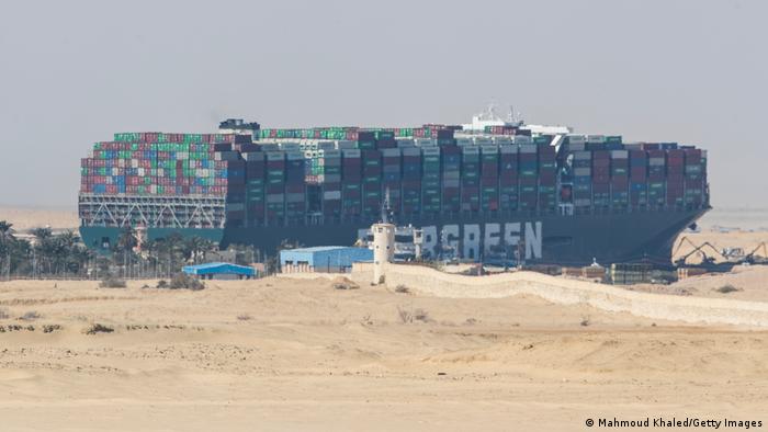 The container ship, the Ever Given, is seen at the Suez Canal on March 28, 2021