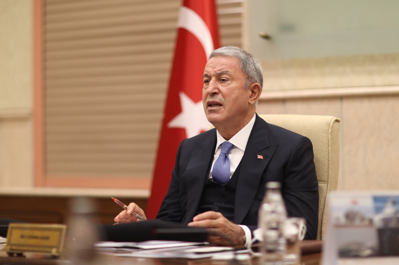 Defense Minister Hulusi Akar speaks during a videoconference with military officials, Sept. 27, 2021 (AA Photo)