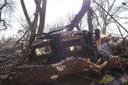 A Ukrainian infantry armored vehicle that was destroyed by Russian fire on the Chasiv Yar front, on Saturday.