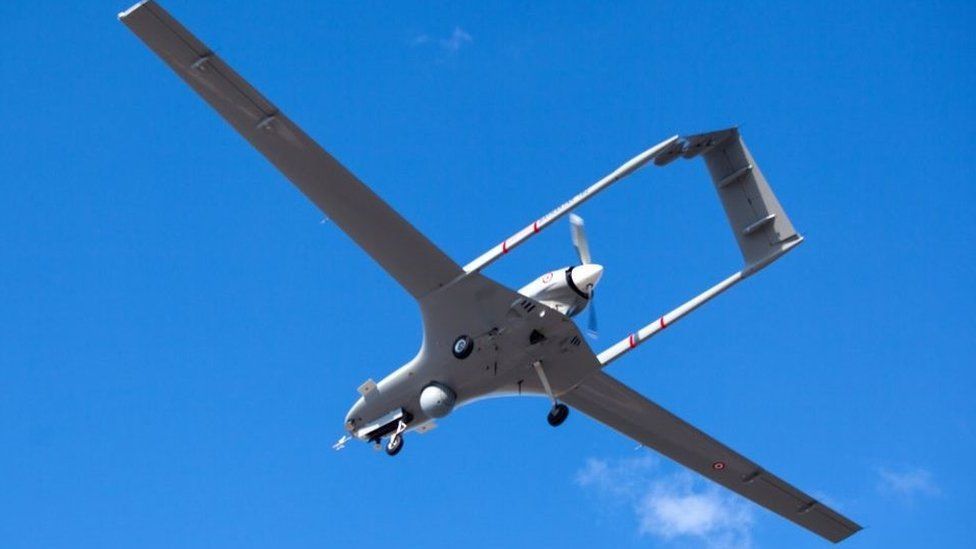 A Turkish-made Bayraktar TB2 drone flies at Gecitkale military airbase near Famagusta in the self-proclaimed Turkish Republic of Northern Cyprus (TRNC) on December 16, 2019