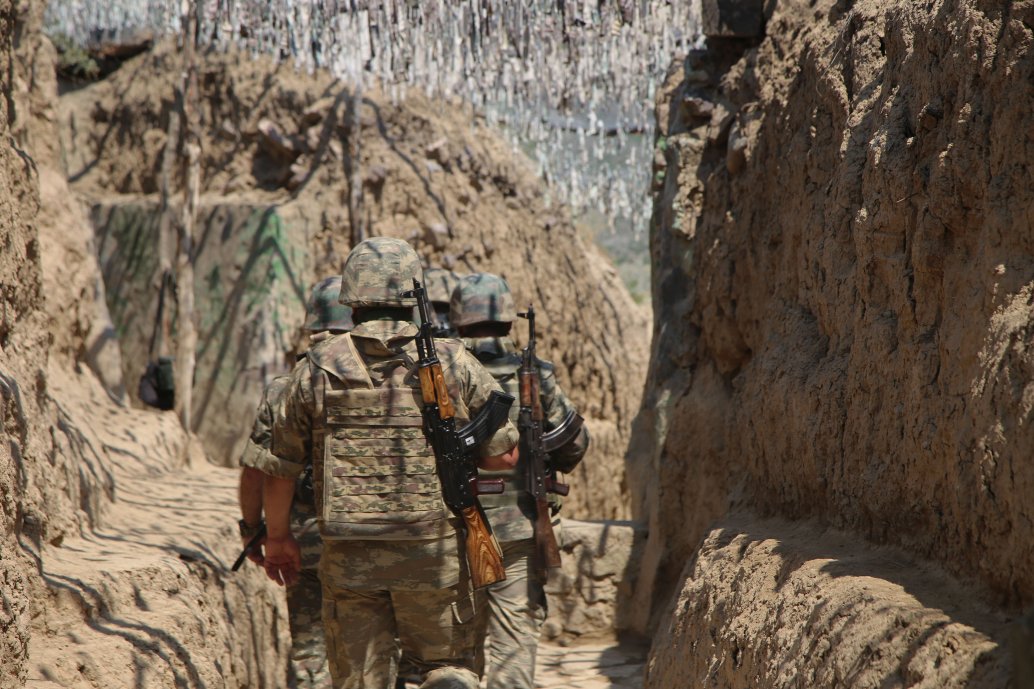 Azerbaijani soldiers on patrol on 18 July 2020 following clashes with Armenian forces around Tovuz in northwestern Azerbaijan. The skirmish showed that the territorial conflict between the two countries remains active. (Resul Rehimov/Anadolu Agency via Getty Images)