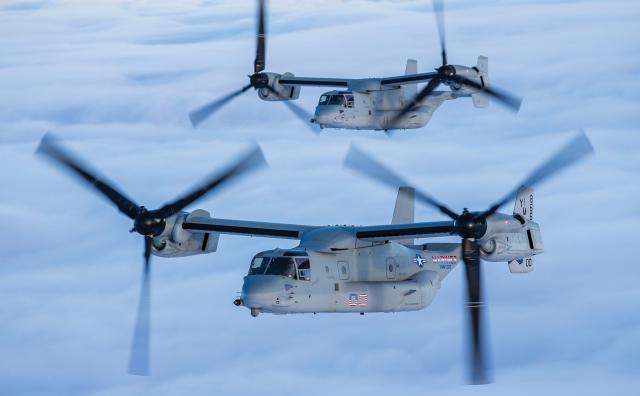 Marine forces, such as these MV-22 Osprey tiltrotor aircraft, will provide logistics support to Navy maritime patrol and reconnaissance aircraft, especially if or when they have to operate from austere forward bases. Wargames have shown the antisubmarine warfare campaign to be one of the most important efforts in taking the fight to the adversary in the High North or in the western Pacific. 