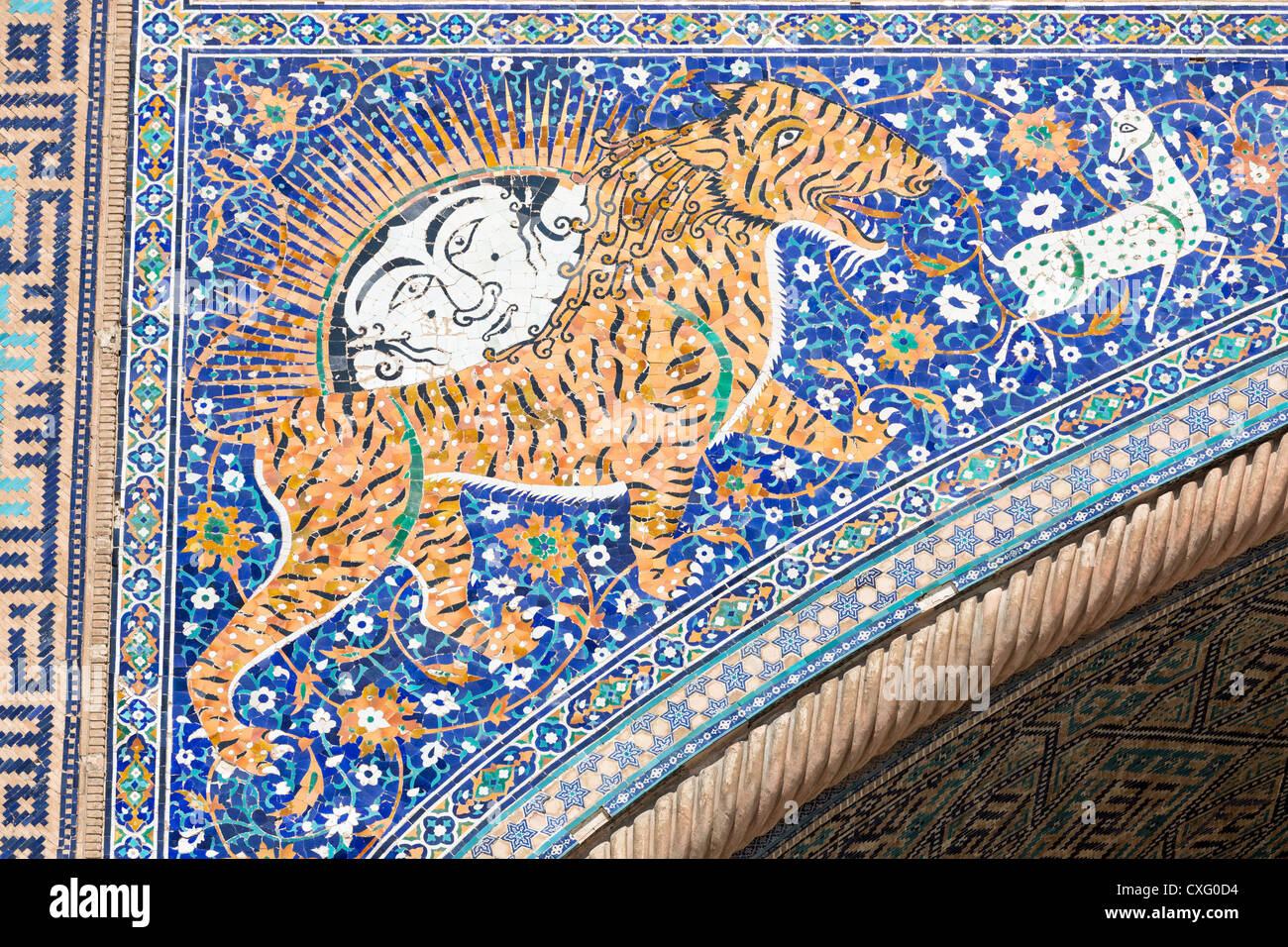 detail-of-tile-mosaic-of-lion-and-sun-shir-dar-madrasa-registan-samarqand-CXG0D4.jpg