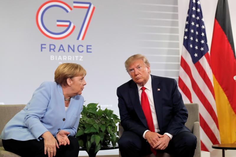 Trump and Merkel in Biarritz, France, August 2019
