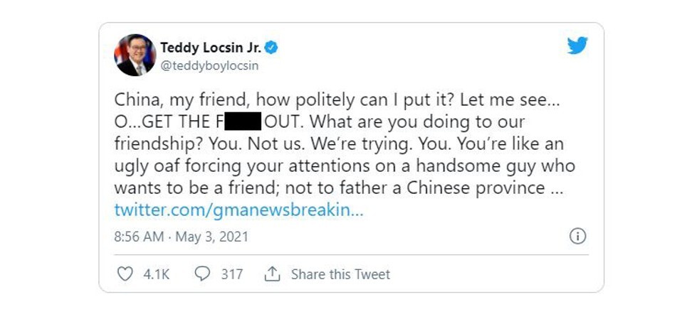 Locsin's tweet, with the F-bomb blurred out. Photo: Twitter