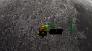 An artist's depiction of the Chandrayaan-2 orbiter studying the moon's surface.