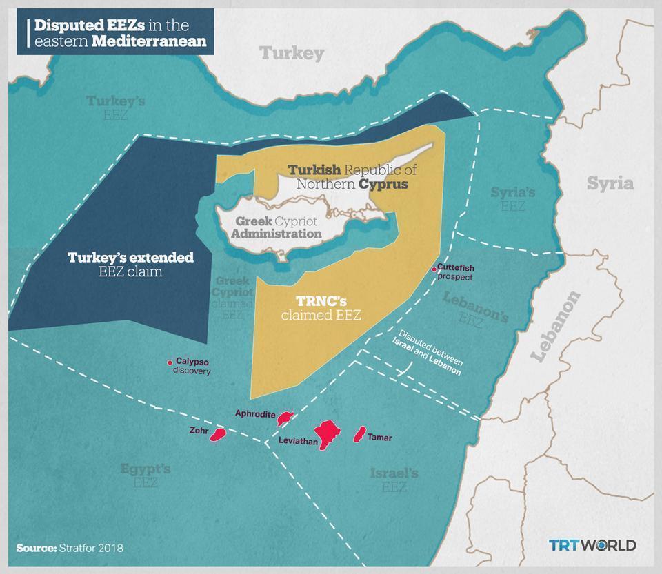 Turkey's EEZ (blue) and the Turkish Republic of Northern Cyprus EEZ (yellow). Gas fields shown in red.