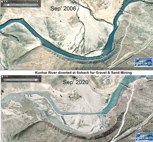 Kunhar River diverted at Sohach for gravel and sand mining (above: Sept  2006; below: Sept 2020) | Dawn GIS