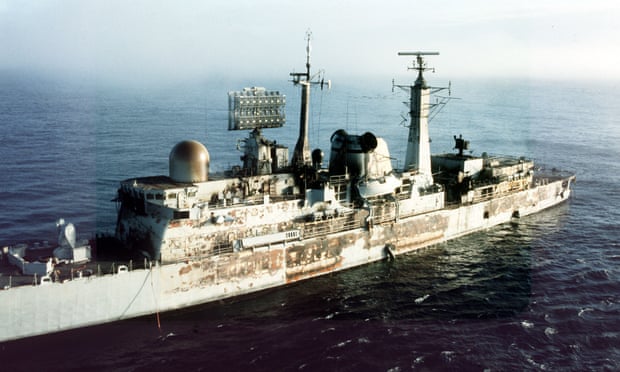 The damage to HMS Sheffield after it was struck by an Exocet missile in May 1982