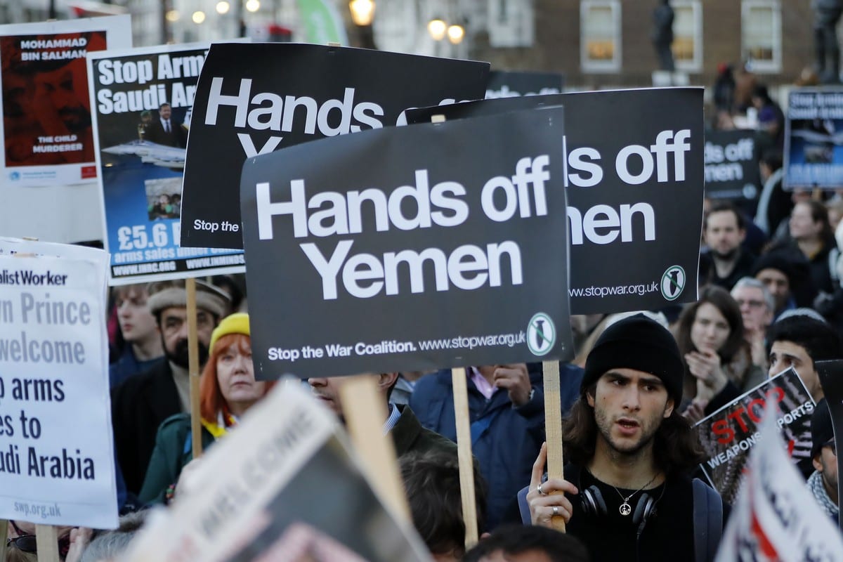 Protesters demonstrate against the UK arms sales to Saudi Arabia in London, UK on 7 March 2018 [TOLGA AKMEN/AFP/Getty Images]