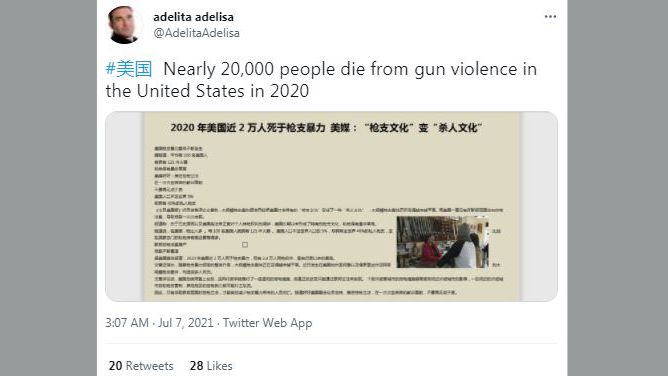 Tweet saying Nearly 20,000 people die from gun violence in the United States in 2020