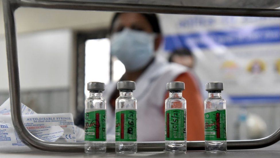 Small bottles of the Covishield Covid vaccine Small bottles of the Covishield Covid vaccine