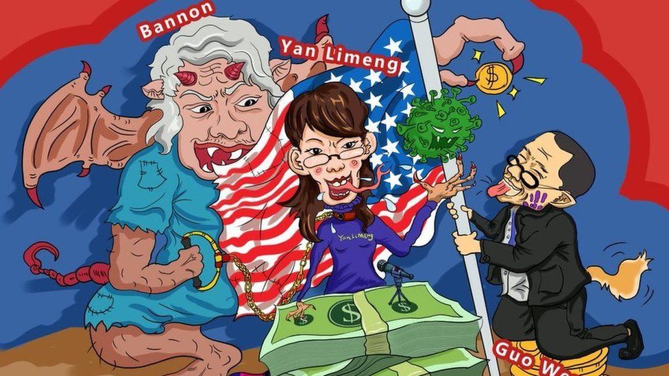 Cartoon depicting Steve Bannon as a demon, 'Yan Limeng' with a forked tongue and Guo Wengui with a tail and holding an American flag. Cartoon depicting Steve Bannon as a demon, 'Yan Limeng' with a forked tongue and Guo Wengui with a tail and holding an American flag.