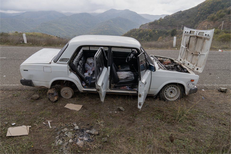 One of many abandoned cars that still litter the Lachin corridor - the only route out of Karabakh to Armenia