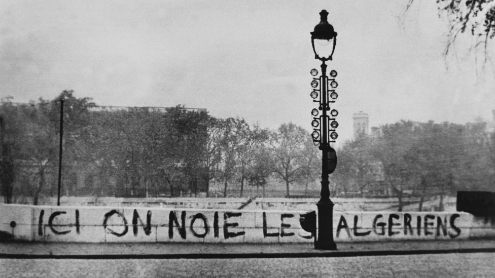 The words Here we drown Algerians are seen on the embankment of the Seine in Paris, France - October 1961