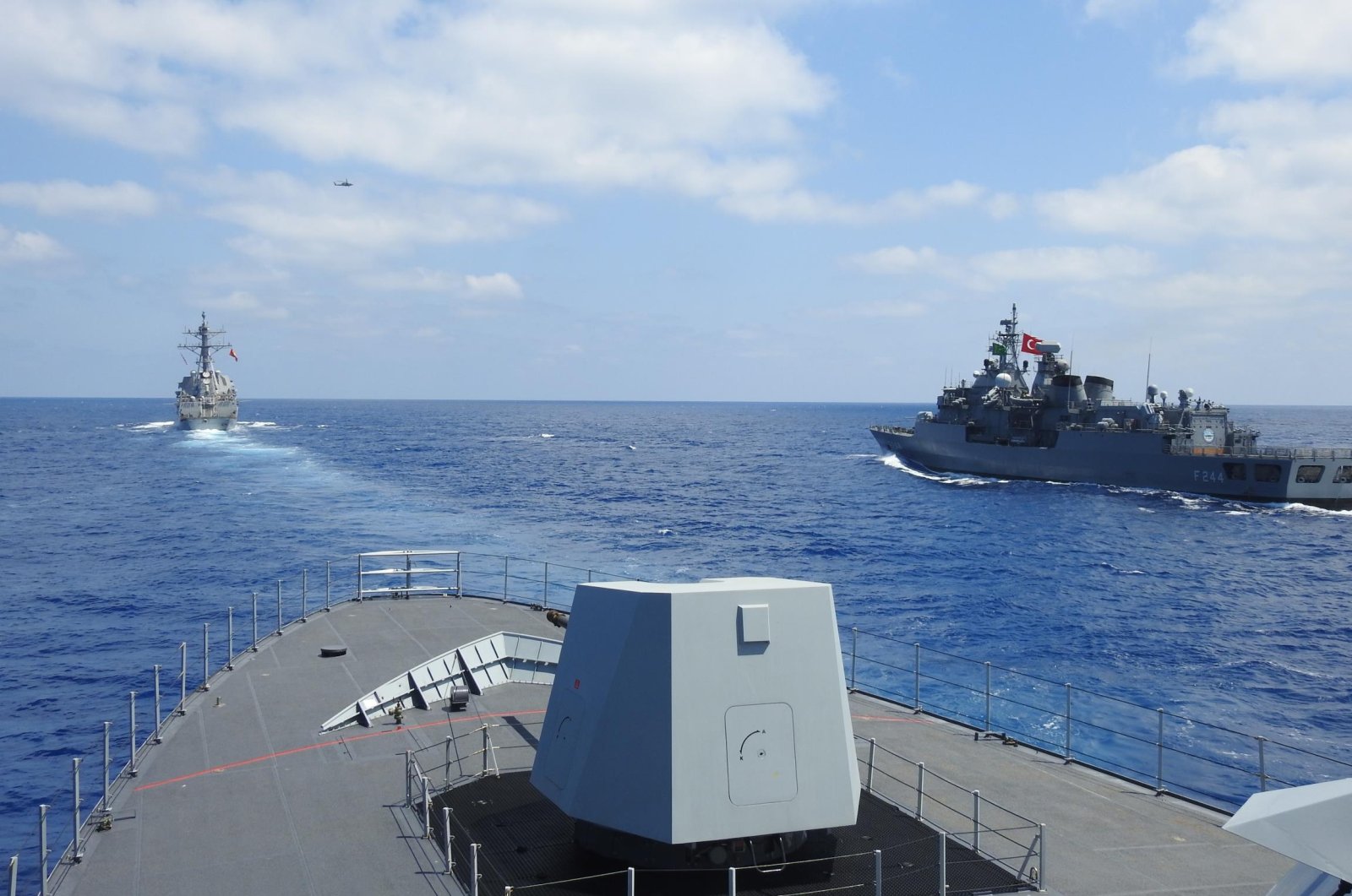 TCG Barbaros frigate, TCG Burgazada corvette and USS Winston S. Churchill conduct naval training exercises in the Eastern Mediterranean on Aug. 26, 2020 (AA Photo)
