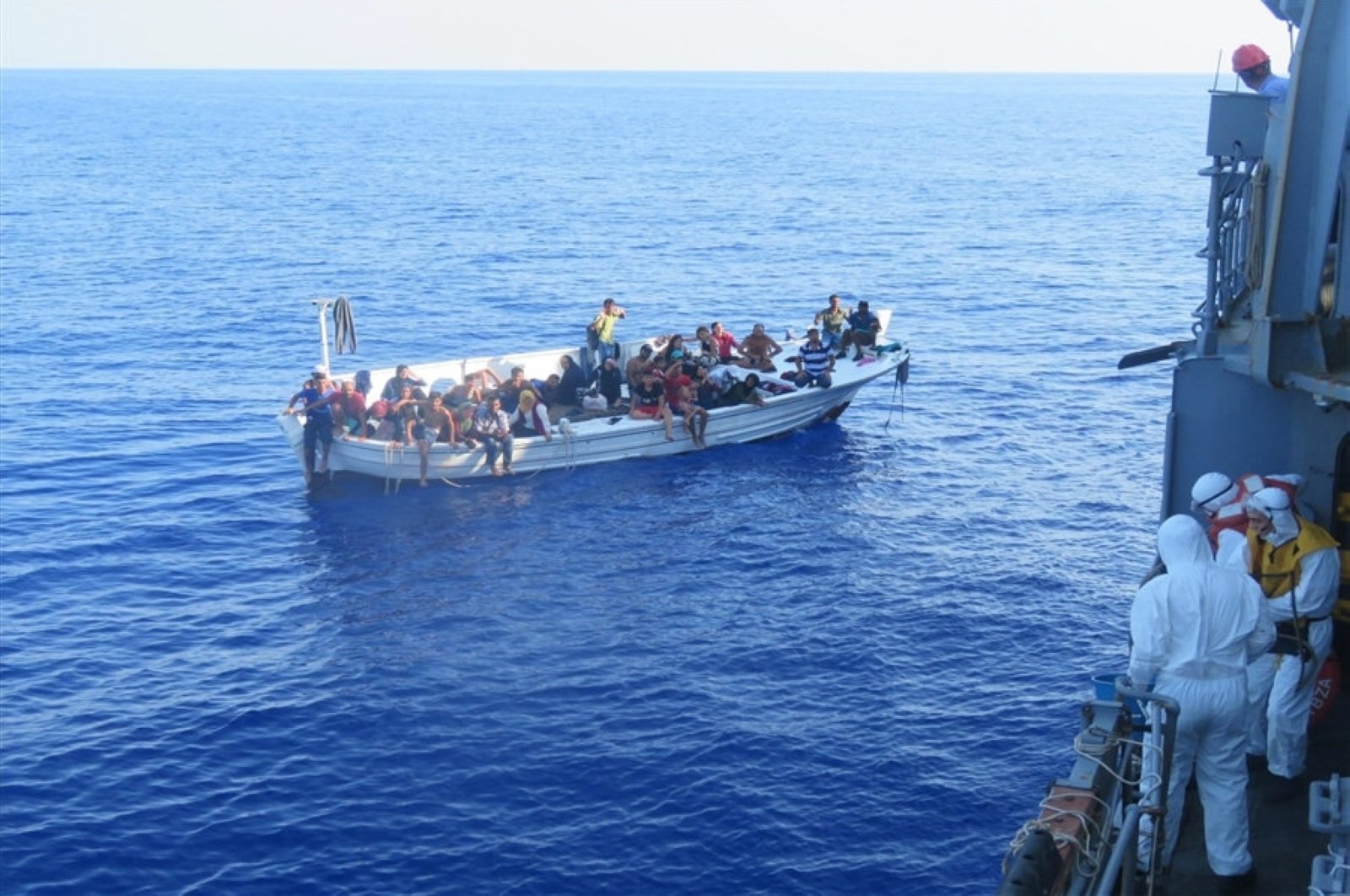 Thirty-six irregular migrants were rescued by the personnel of TCG Bozcaada corvette, which is on a mission as part of the United Nations Interim Force in Lebanon (UNIFIL), in the Mediterranean Sea, Sept. 15, 2020. (AA Photo)