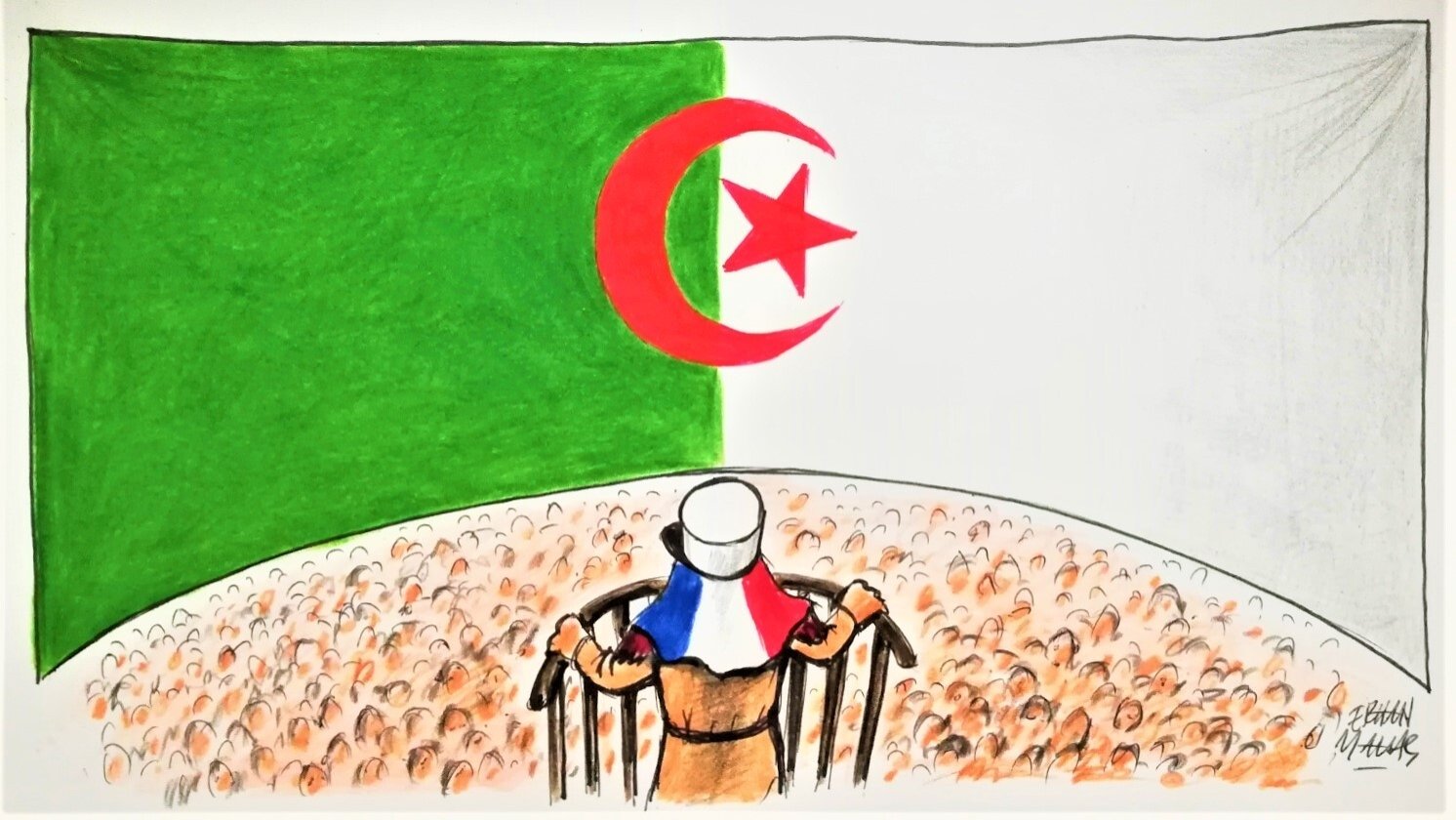 Illustration by Erhan Yalvaç shows a man with French-flagged hat confronting the Algerian flag, symbolizing the tension between France and Algeria.