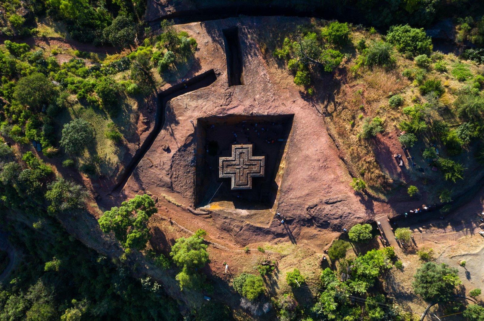 Aerial view of the monolithic rock-cut Church of Saint George, also known as Bete Giyorgis, in Lalibela, Amhara Region, Ethiopia, Oct. 30, 2018. (Getty Images)
