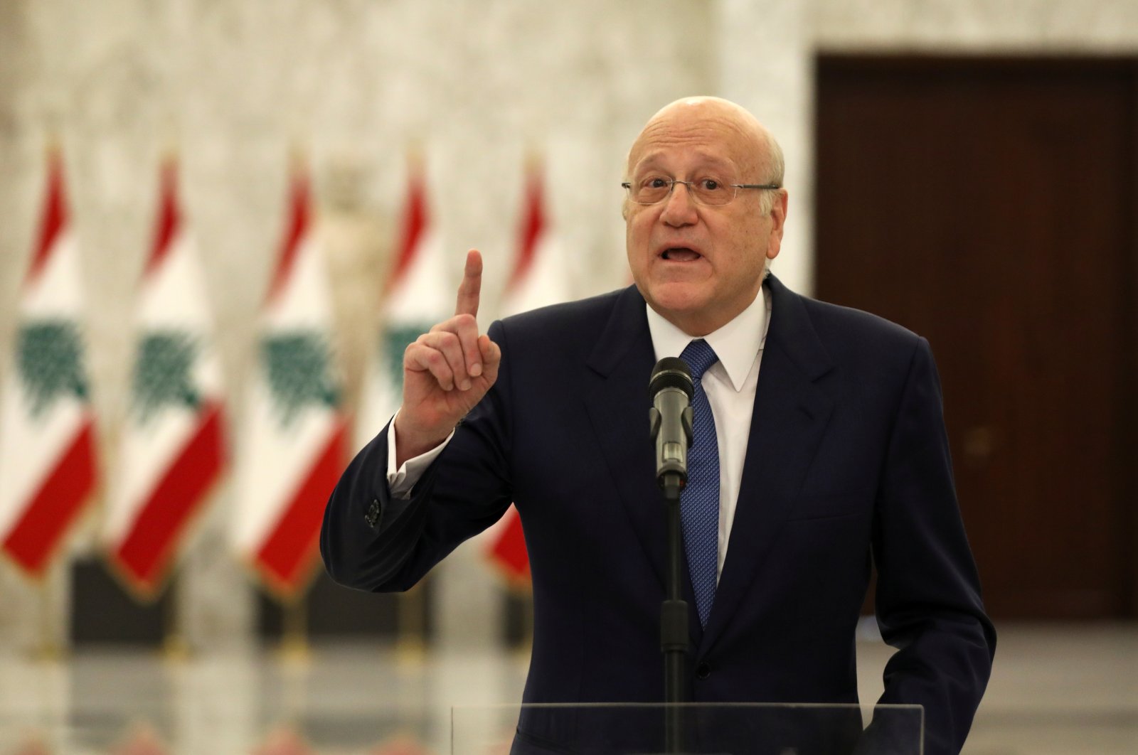 Lebanon's Prime Minister Najib Mikati gestures as he speaks to the press after meeting with President Michel Aoun at the presidential palace in Baabda, Lebanon, Sept. 10, 2021. (Reuters Photo)