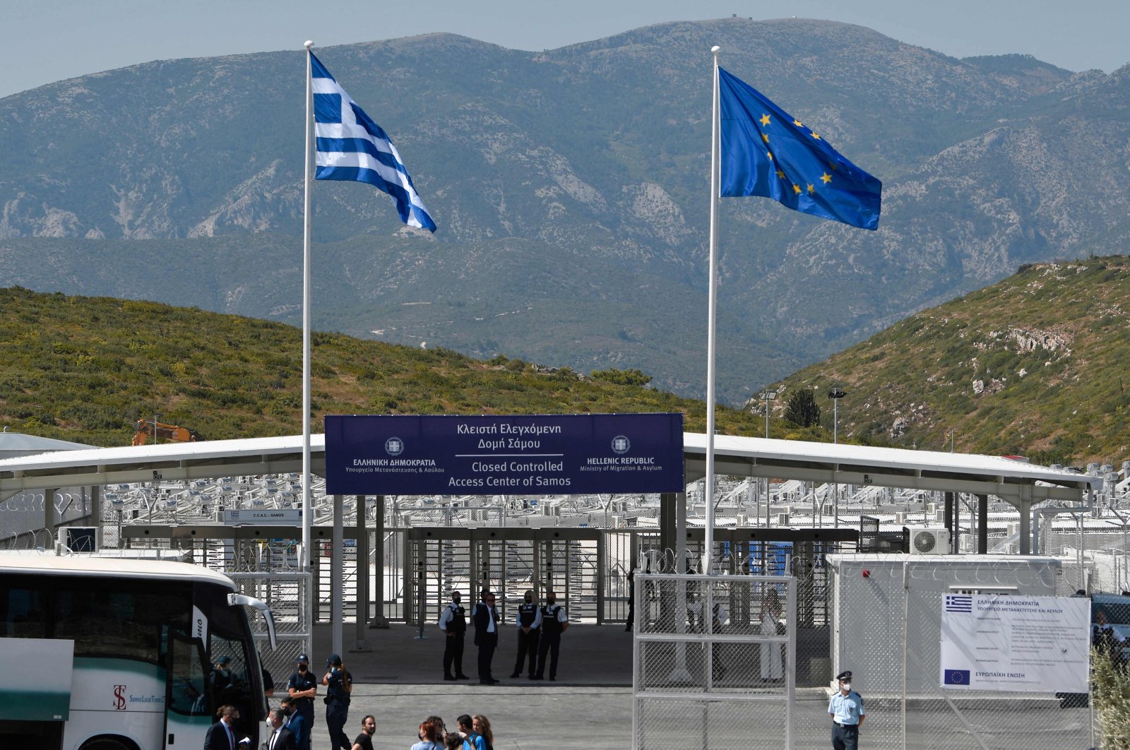 The entrance of the new EU-funded multi-purpose RIC ( reception and identification center) of migrants on the island of Samos, Greece, during its inauguration, Sept. 18, 2021. (AFP Photo)