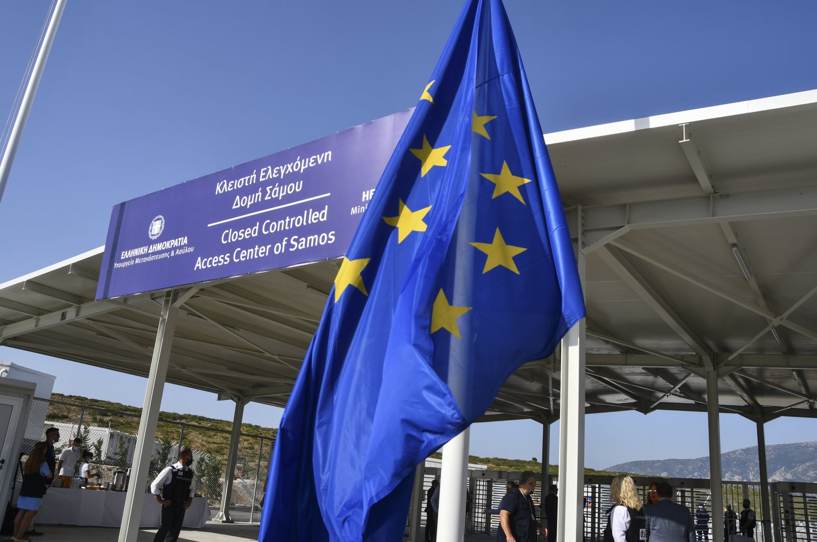 A view of the entrance of the new multi-purpose reception and identification migrant center near the town of Vathy, on the eastern Aegean island of Samos, Greece, Sept. 18, 2021. (AP Photo)