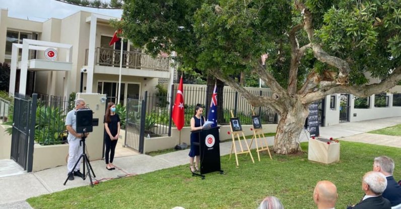 A speech is given to guests at the remembrance ceremony held in front of the Turkish Consul General's residence in Sydney, Australia, Dec. 17, 2021. (AA Photo)