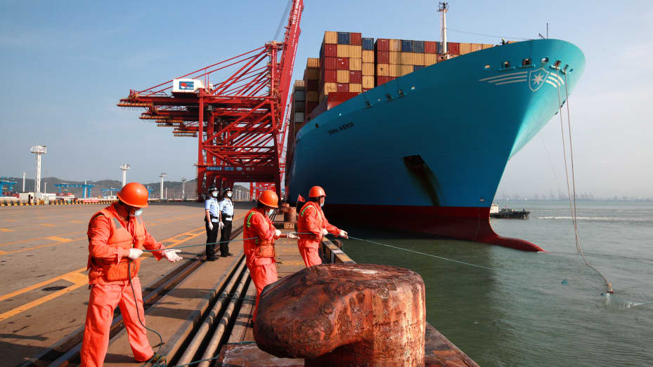 The container ship Emma Mærsk docked at the Dapukou container terminal of Ningbo-Zhoushan Port on August 21, 2022 in Zhoushan, Zhejiang Province.