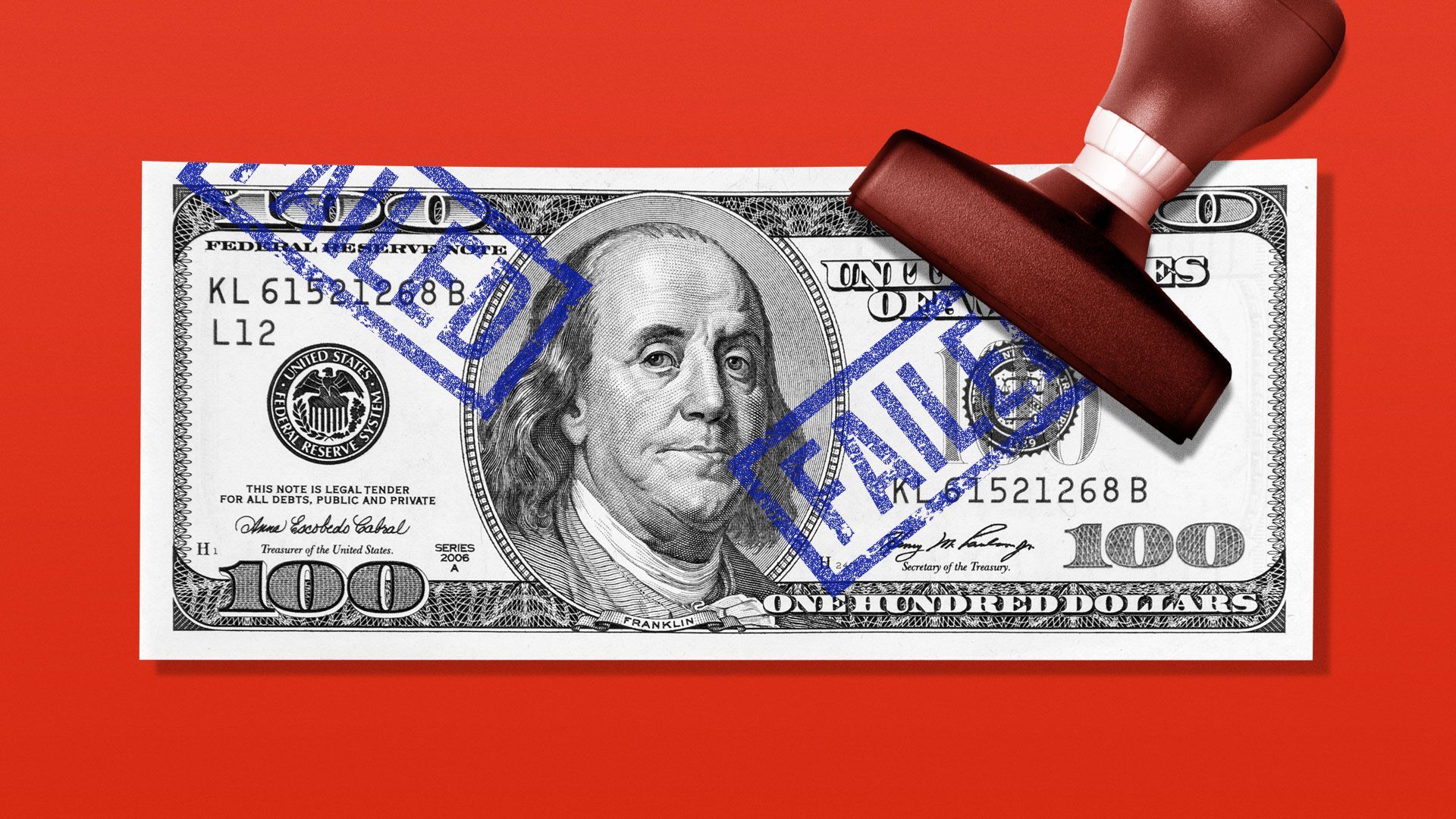 Illustration of a $100 bill with failed ink stamps on top Illustration of a $100 bill with failed ink stamps on top