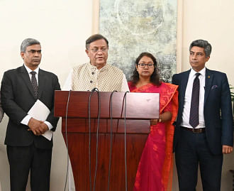 Foreign minister Hasan Mahmud talks to the media