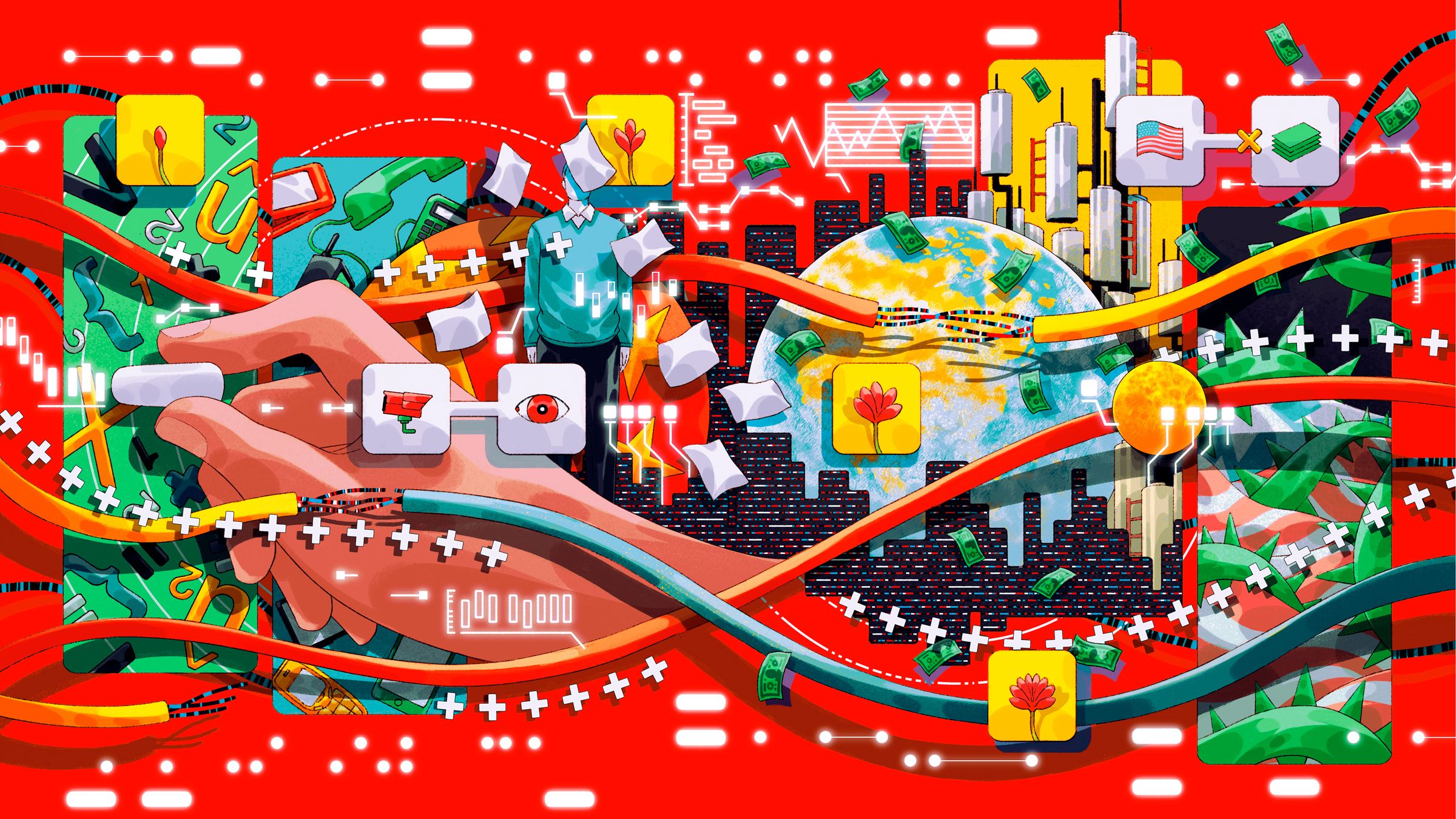 illustration of a city overlaid with wires cash and technology