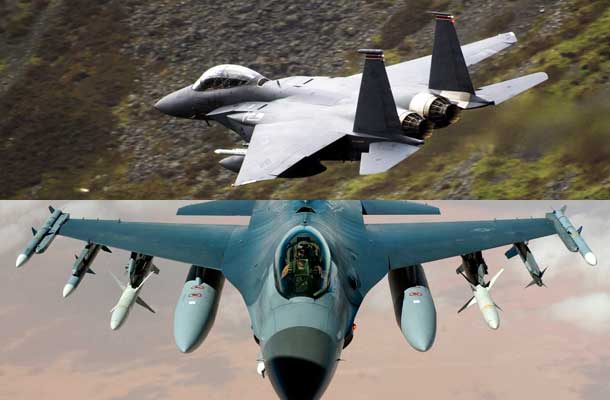 F-15 low-level flying over North Wales and F-16 flying a mission in Iraq.