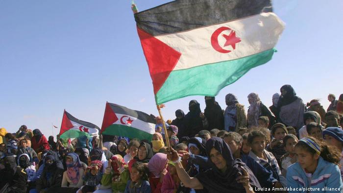 Sahrawis hold a demonstration with flags.
