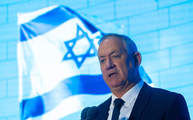 Defense Minister Benny Gantz speaks at a memorial ceremony for Israeli soldiers killed in the 2006 Second Lebanon War, at the National Hall of Remembrance at Mount Herzl in Jerusalem, on June 24, 2021. (Olivier Fitoussi/Flash90)