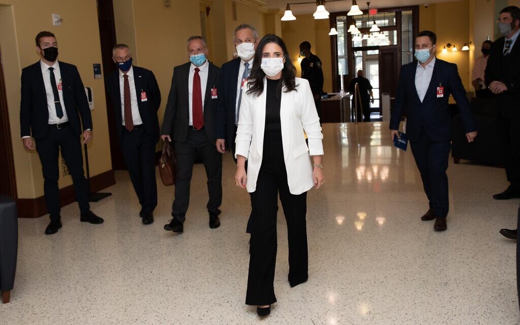 Israel's Interior Minister Ayelet Shaked arrives at the US Department of Homeland Security in Washington on November 17, 2021. (Shmulik Almani/Interior Ministry)