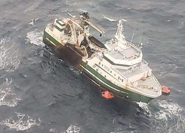 An image released by the Canadian Armed Forces showing an aerial view of the ship during the rescue operation.