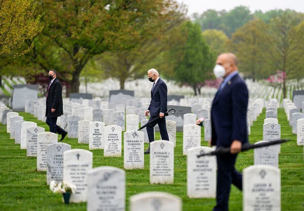 President Biden visiting Section 60 of Arlington National Cemetery, where America’s most recent war casualties are buried, last month.