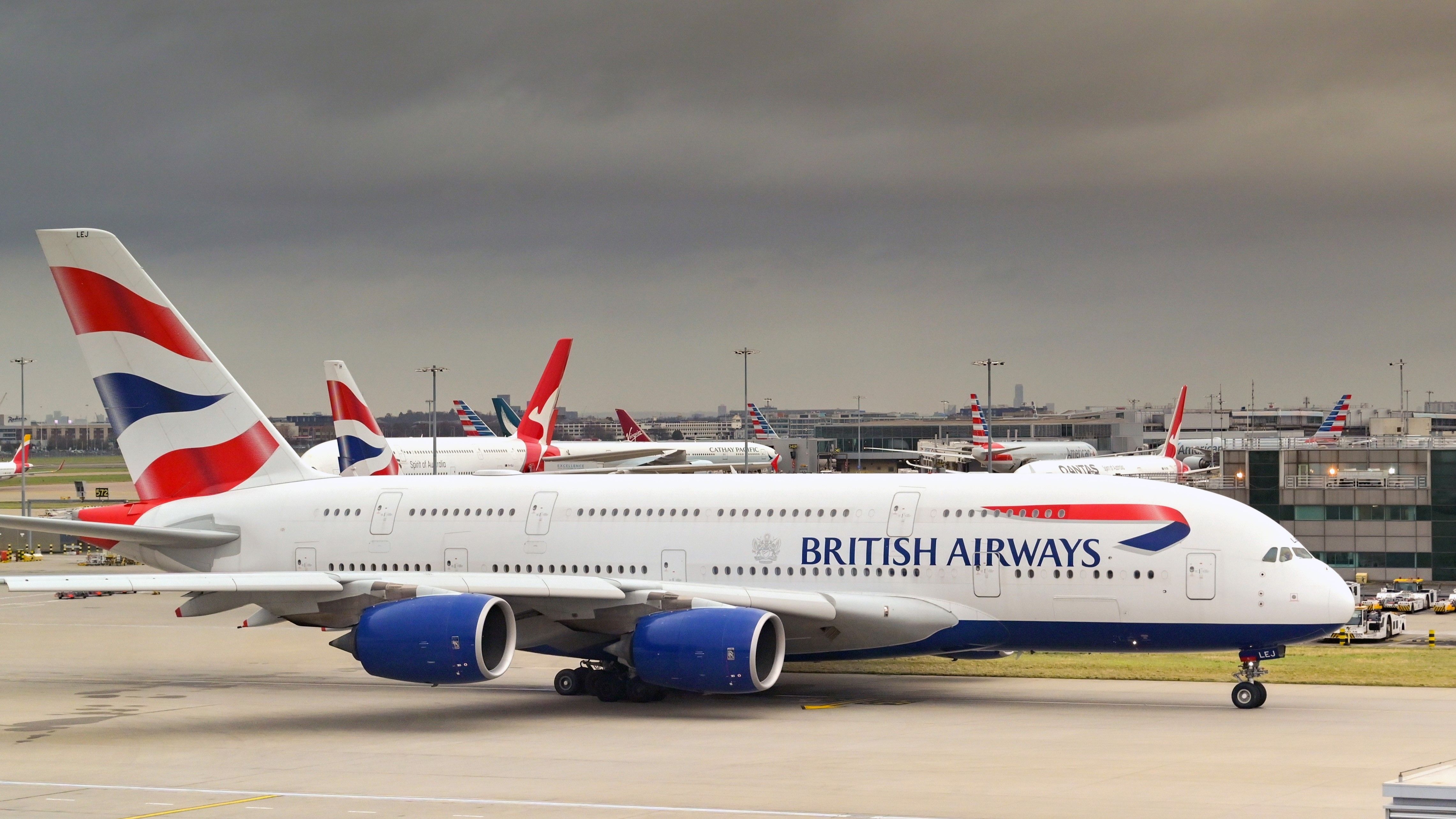 A British Airways Airbus A380 Taxiing At London Heathrow Airport.