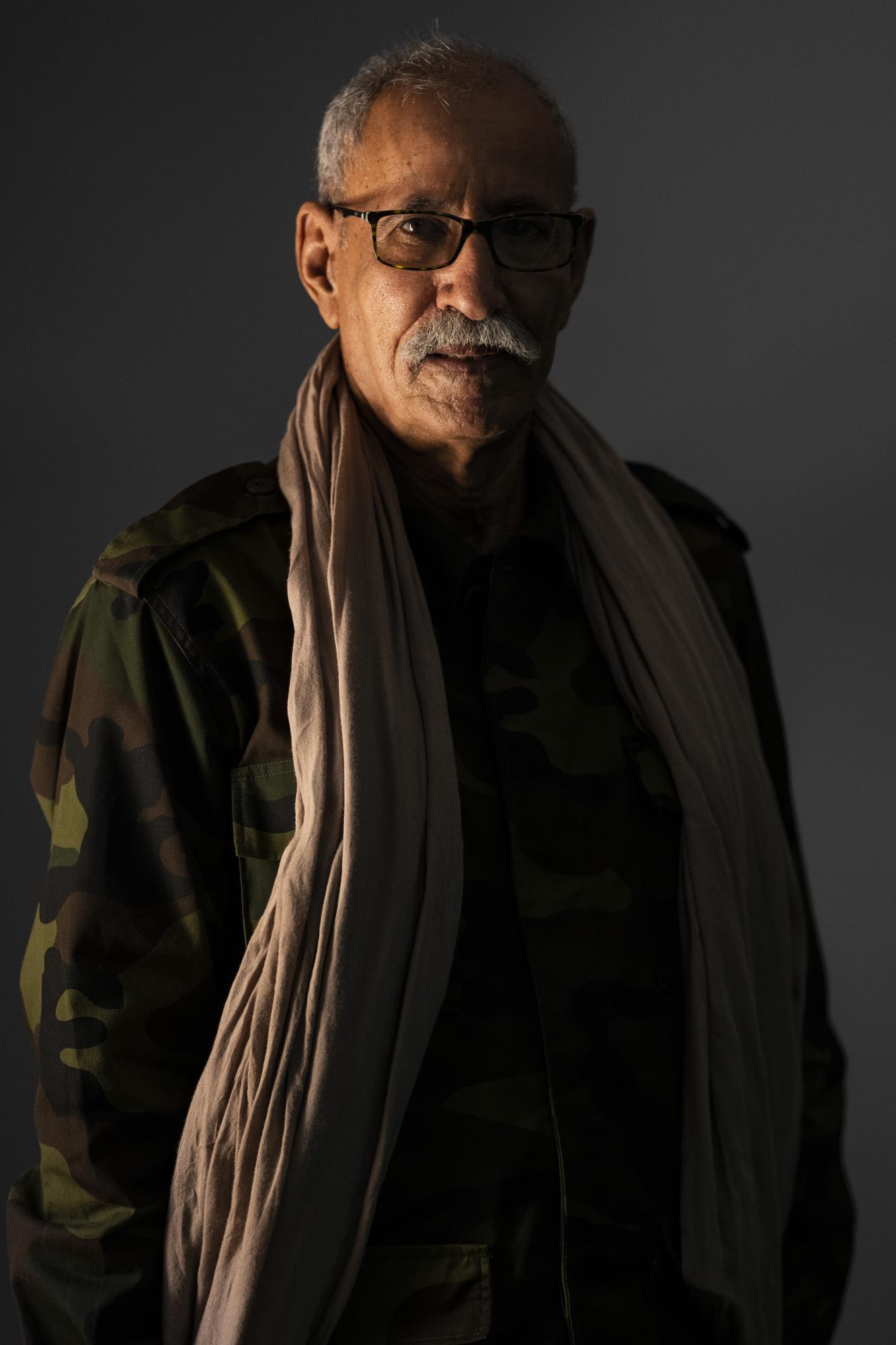Brahim Ghali, head of the Polisario Front and the self-declared Sahrawi Democratic Arab Republic, poses for a portrait in Boujdour refugee camp, Algeria, Saturday, Oct. 16, 2021. (AP Photo/Bernat Armangue)